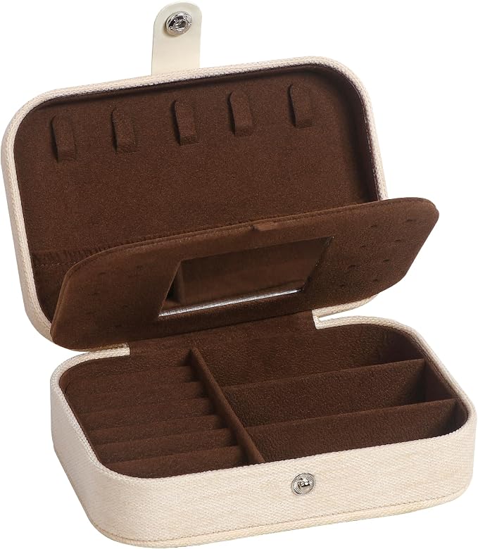 Hatori Travel Jewelry Box, PU Leather Small Jewelry Organizer for Women Girls, Double Layer Portable Mini Travel Case Display Storage Holder Boxes for Stud Earrings, Rings (White Mirror)
