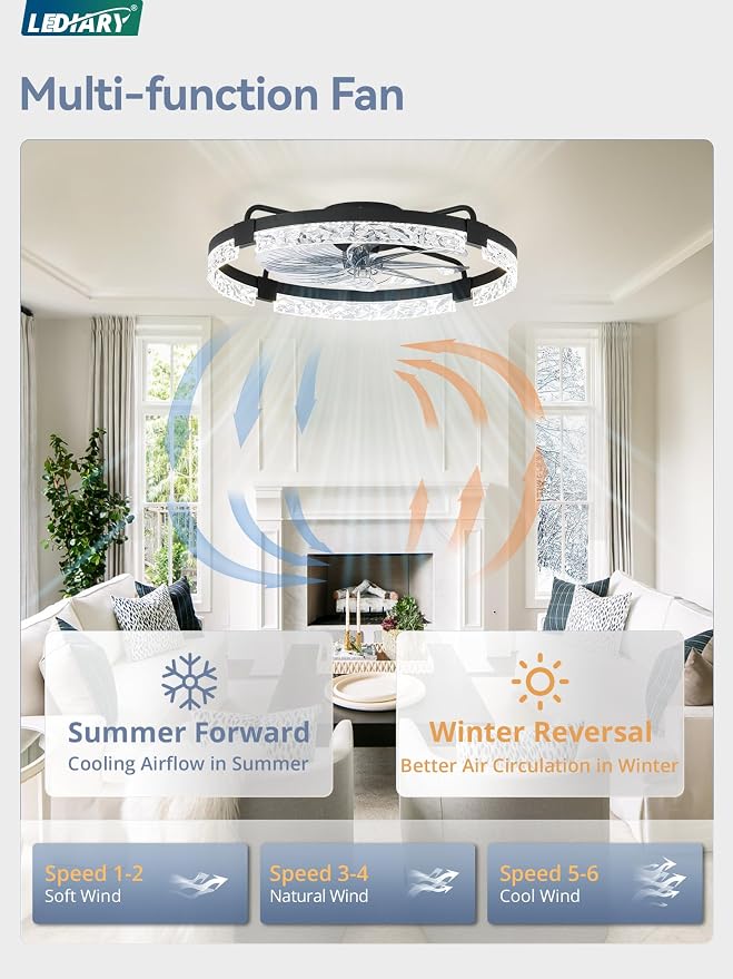 LEDIARY 2 Pack 24 Inch Low Profile Ceiling Fans with Lights and Remote, Fandelier Modern Ceiling Fan, 3000K-6000K Dimmable LED Fan Light, Black Flush Mount Ceiling Fans with Lights for Bedroom
