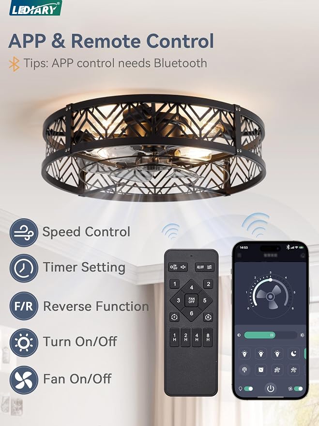 LEDIARY 23" Caged Ceiling Fan with Light, Large Flush Mount, App&Remote Control, Low Profile Bladeless Fan Light Fixture 6 Speed, Reversible and Quiet Motor-Black