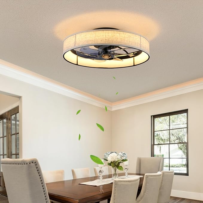 19.6" Flush Mount Caged Ceiling Fan with Light and Remote,Boho Farmhouse Bladeless Fabric Design, Dimmable LED 3 Colors,6 Speeds, Low Profile fandaliers Ceiling Fan for Bedroom Living Room