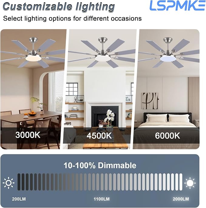 Ceiling Fan With Light & Remote Indoor/Outdoor Use 60 Inch Nickel | Reversible DC Motor,3CCT, Dimmable, Timer, Noiseless,Ceiling Fan for Bedroom Living Room