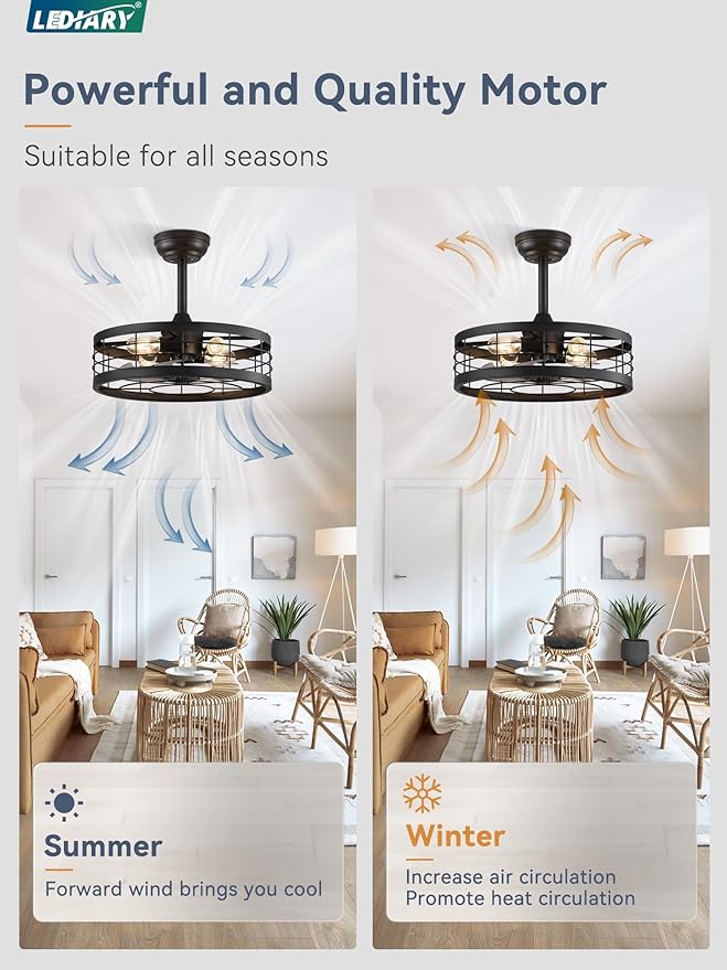 LEDIARY 18 inch Black Caged Ceiling Fan with Light, Bladeless Industrial Ceiling Fan with Remote, Farmhouse Fan Lights Ceiling Fixtures for Kitchen, Bedroom, Outdoor（6 Speed, Timing）-Black