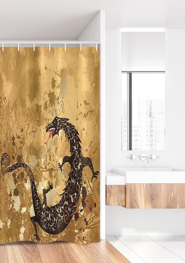 Ambesonne Dragon Stall Shower Curtain, Reptile Dragon Grunge Floral Ornate Retro Image, Fabric Bathroom Decor Set with Hooks, 36" W x 72" L, Pale Caramel Sand Brown