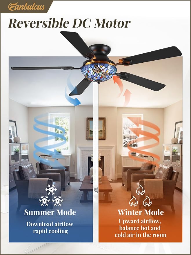 Fanbulous 52 Inch Stepless Dimmable LED Tiffany Dragonfly Ceiling Fan