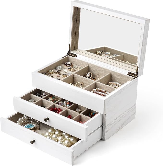 Meangood Jewelry Box Organizer for Women, 3 Layer Large Jewelry Storage Case, Rustic Wooden Jewelry Box with Mirror & Ring Tray for Necklace Earring Bracelets Rings, Vintage Style (White)