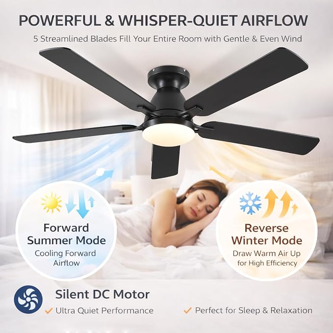 52 Inch Ceiling Fans with Lights and Remote, Flush Mount, Black | Low Profile, Dimmable LED, Reversible, Quiet DC Motor, Wooden Blades, for Modern Apartment Bedroom Home Office Living Room