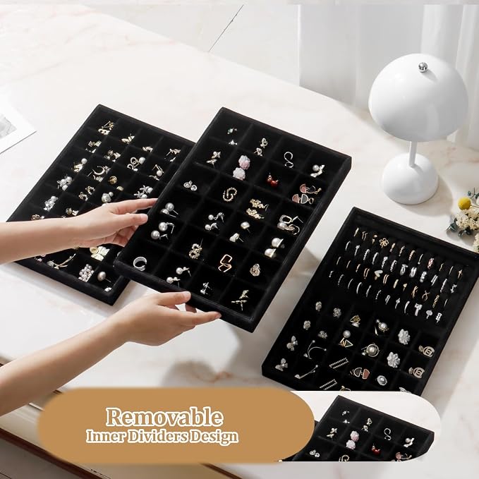 Large Velvet Jewelry Tray 2 Pack Stackable Jewelry Display Drawer Inserts Trays Organizer for Earring Bracelet Necklace Ring (Black, 24 Grids)