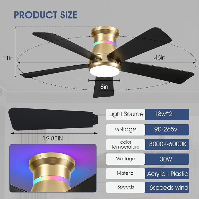 Surtime 46" Ceiling Fans with RGB Lights - Flush Mount Ceiling Fan Light with LED 3CCT Dimmable, Modern Low Profile Gold Ceiling Fan with Reversible Black Blades