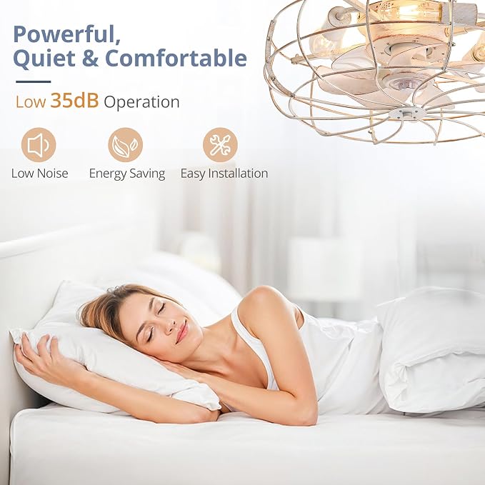LEDIARY 20" Caged Ceiling Fans with Lights, White Flush Mount Low Profile Ceiling Fan with Remote, Small Modern Farmhouse Industrial Ceiling Fan with Light for Bedroom, Kitchen, Dining Room, Indoor