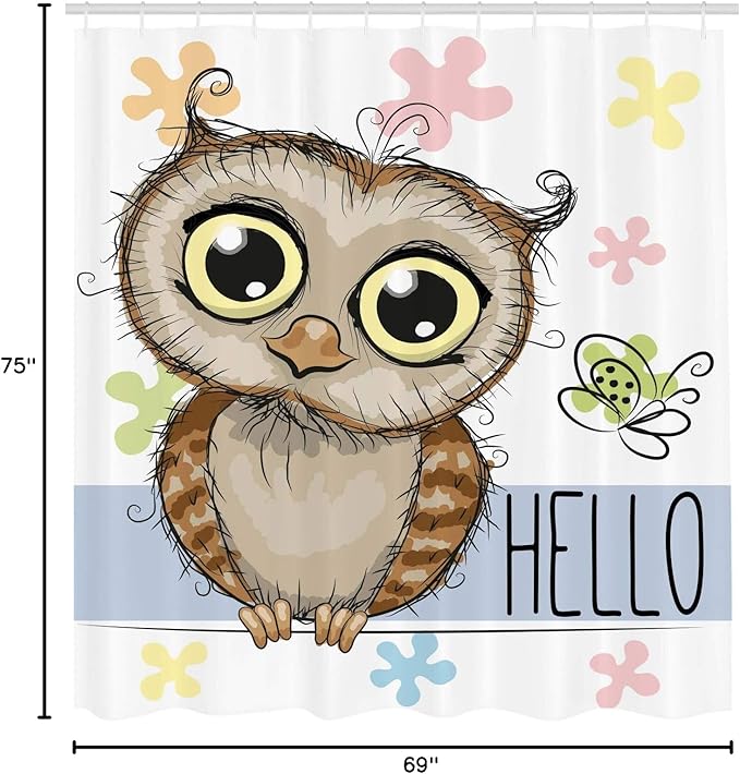 Ambesonne Owls Shower Curtain, Cartoon Owl and a Butterfly on Floral Background Hello Message Illustration, Cloth Fabric Bathroom Decor Set with Hooks, 69" W x 75" L, Rose Cadet Blue Brown