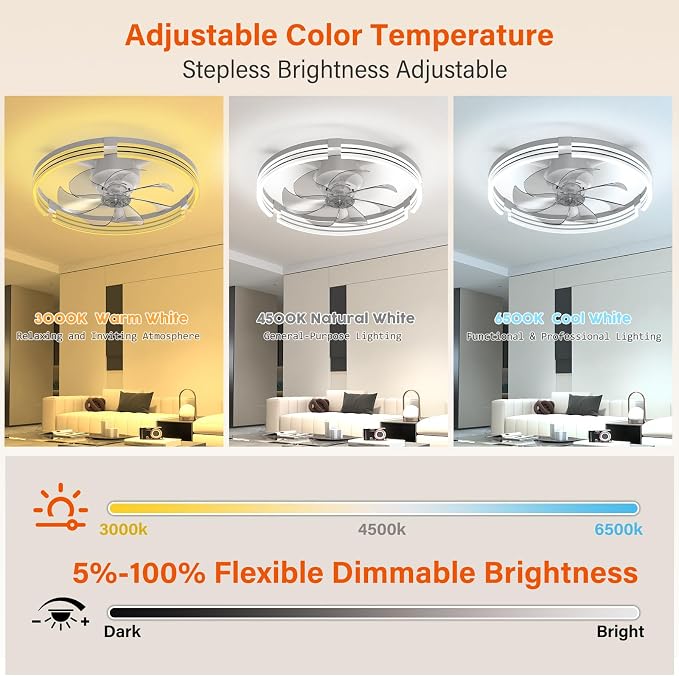 Ceiling Fans with Lights and Remote, 20'' Low Profile Ceiling Fan with APP Control, 3000K-6500K Dimmable, Quiet Reversible DC, Modern Flush Mount Fandelier for Bedroom (White-Stripe)