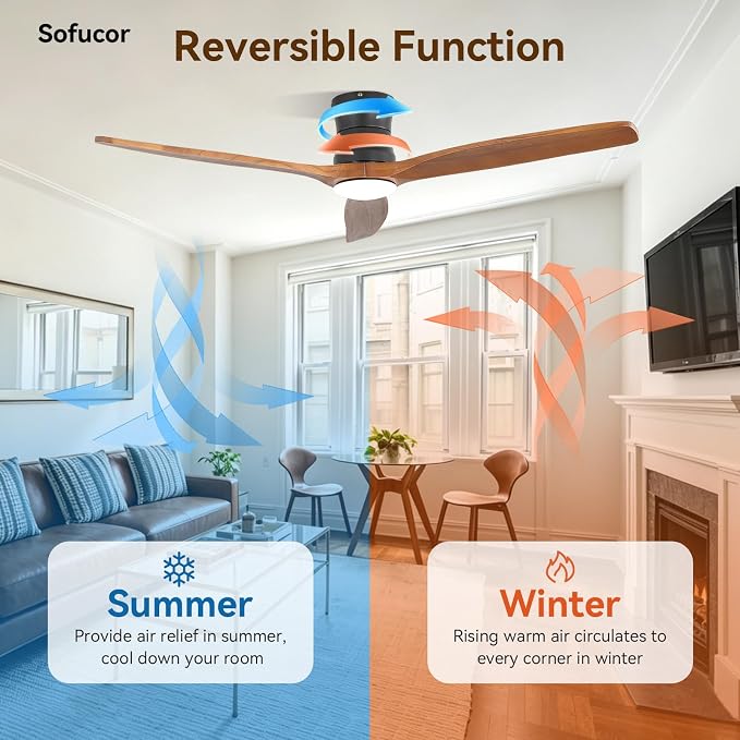 Sofucor 52" Smart Ceiling Fan, Solid Wood Ceiling Fan with Lights and Remote, Flush Mount Ceiling Fan Works with Alexa/Google/App, Dimmable 6-Speed Timing Reversible DC Motor for Bedroom Living Room