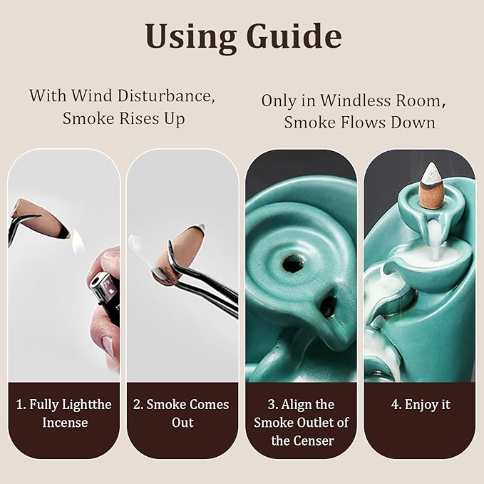 YYW Backflow Incense Burner Holder Handmade Statue Decor Fountain Waterfall Incense Holder with 20 Backflow Incense Cones 30 Incense Sticks 1 Tweezer 1 Mat for Indoor Meditation Yoga (Green)