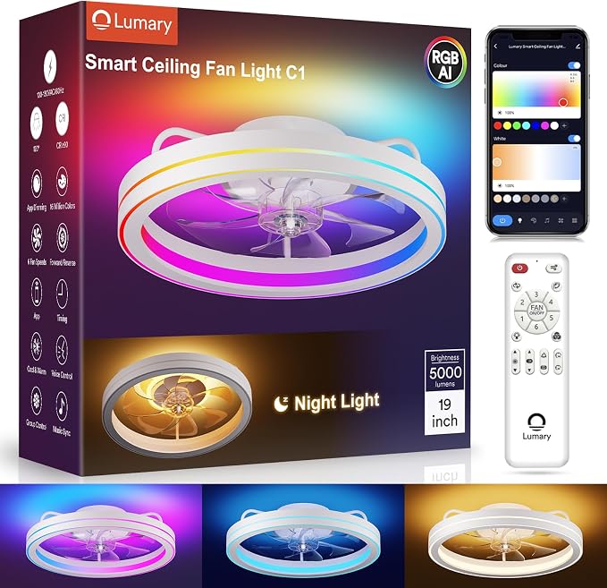 Lumary Smart Ceiling Fan Light with 2200K Nightlight, WiFi & Bluetooth Low Profile Ceiling Fan with Light Remote for Bedroom, RGBAI & 42 Scenes Mode, Flush Mount Easy to Install, 5000 LM, 19in White
