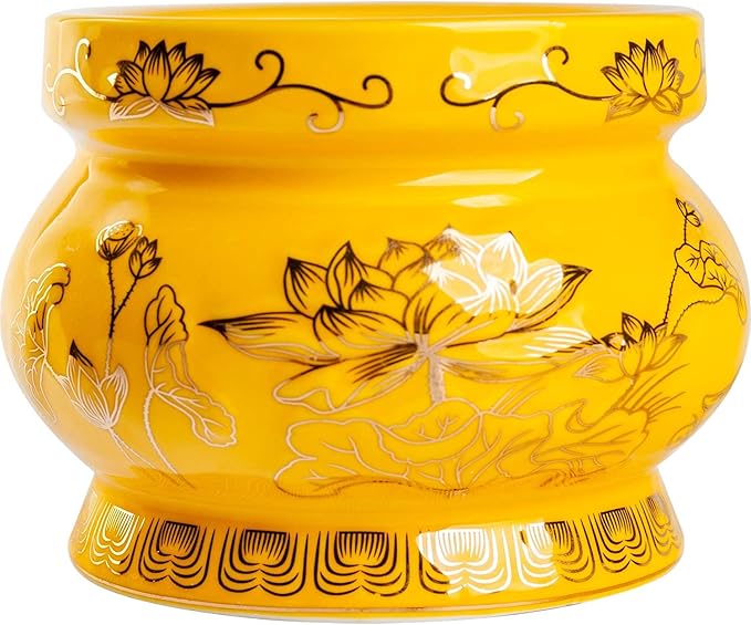 Houlu Small Yellow Ceramic Incense Burner Pot for Praying Buddha, Tibetan Buddhist Altar Worship Incense Censer - 4 Inches