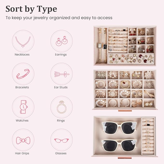 Dajasan Jewelry Box Organizer, 3-Tier Jewelry Storage Organizer with 2 Drawers, Large Jewelry Box for Girls Women, PU Leather Surface with Texture, Gift Idea, Modern Style (Pink)