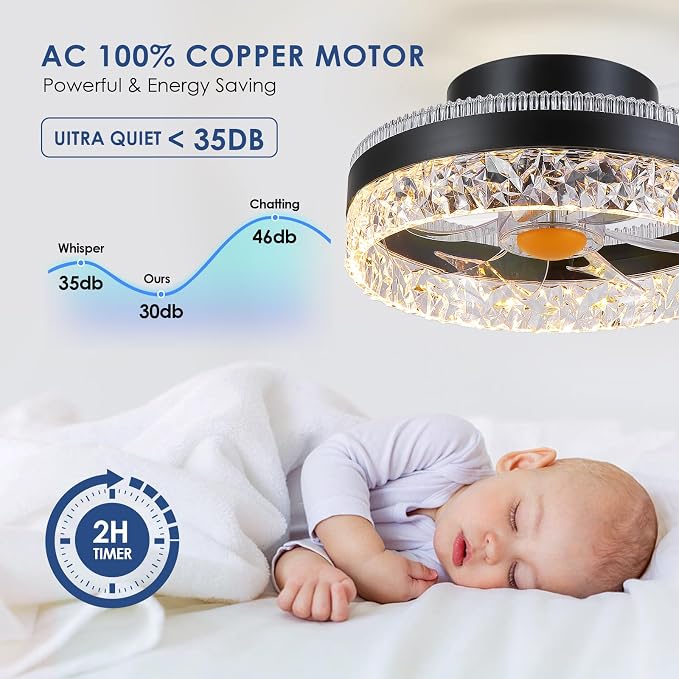 Mpayel 13" Low Profile Ceiling Fan with RGB Light - Modern Bladeless Flush Mount Ceiling Fan with Remote, Quiet DC Motor, 6 Speeds, 3CCT Dimmable LED Light for Kids Room, Bedroom & Bunk Beds