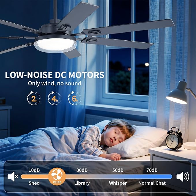 64 Inch Ceiling Fans with Lights and Remote,Living Room Office Library Cafe Outdoor, 5CCT Dimmable, Dual Color 7 Blades, 6 Speed Reversible Quiet DC Motor, Dual-Layer Shade, Black/Wood Grain