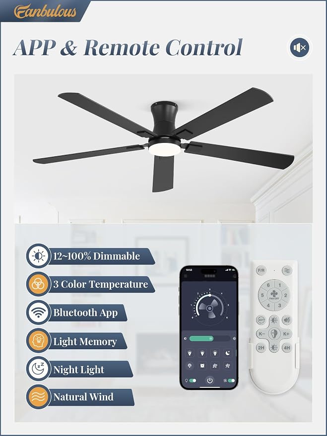 Fanbulous 60 inch Ceiling Fan with Light, Low Profile Ceiling Fan with Light, App&Remote Control, Dimmable LED Light, Flush Mount Ceiling Fan for Indoor Bedroom Living Room, Qiuet DC Motor
