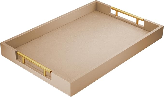 ATZYmolin 17"x12" Leather Serving Tray, Gold Handle Vanity Platter, Khaki | Rectangle Ottoman Decor Tray, Polished Metal Handles, Coffee Table Bathroom Home Decorative Wood Tray