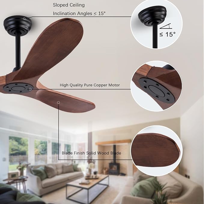 QUTWOB 52" Wood Ceiling Fan No Light, Reversible DC Motor, Remote Control | solid wood blades, quiet 6-speed reversible dc inverter motor, remote control, no light, for indoor outdoor patio living room
