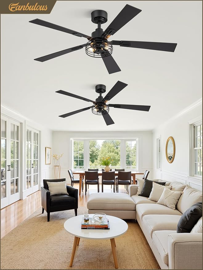 Fanbulous 48 Inch Farmhouse Ceiling Fan with Light and Remote, Rustic Caged Ceiling Fans with 3 Timers, Quiet DC Motor, 5 Dual-Finish Blade for Bedroom Kitchen Small Living Room, Black, 2-Pack
