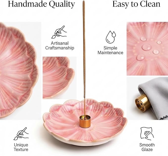 Pinehaven Ceramic Lotus Incense Holder – 5.5 Inch Hand-Sculpted Tray with Built-in Ash Catcher, Brass 9-Hole Insert for Sticks, Palo Santo, Sage & Cones – Japanese Zen Home Décor for Meditation