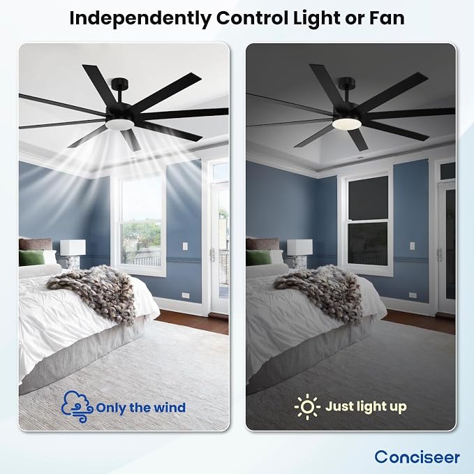 Conciseer Modern 72 Inch Ceiling Fans with Lights and Remote, Dual Color 8 Blades,Living Room Office Library Cafe Outdoor Industrial, 24W 3CCT 6 Speed Reversible Quiet DC Motor, Black/Wood Grain