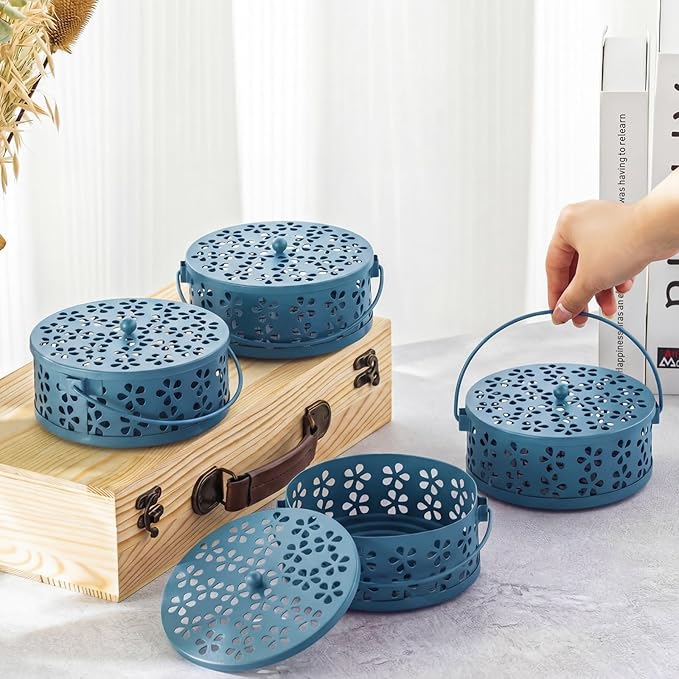 Lallisa 4 Pieces Mosquito Coil Holder Incense Coil Holder Retro Portable Round Metal Hanging Incense Burner Holders with Handle for Home Indoor Outdoor Camping Patio (Blue)