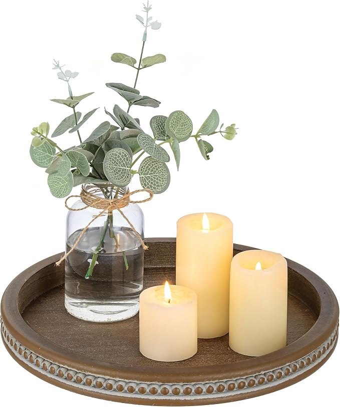 Hanobe Round Wooden Tray Decor: Decorative Candle Plate Holder | 11.8-inch tray for coffee table, rustic table centerpiece for home living room kitchen counter, brown