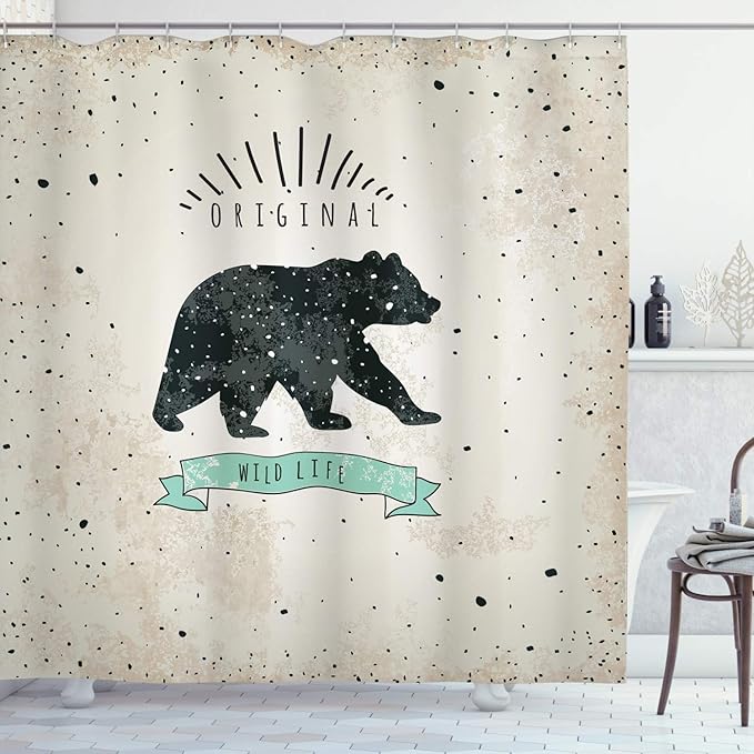 Ambesonne Bear Shower Curtain, Vintage Wildlife Theme Random Dots Predator Paws Animal Themed Design, Cloth Fabric Bathroom Decor Set with Hooks, 69" W x 84" L, Mint Green Black Tan