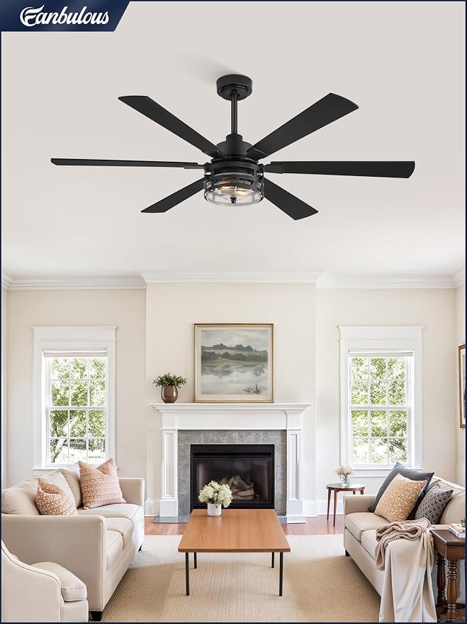 Fanbulous 56 Inch Large Farmhouse Ceiling Fan with Light & Remote,Black | Powerful 6-Speed Reversible DC Motor, Industrial 6 Dual Finish Blades, Ideal for Living Room, Bedroom, Patio, Garage