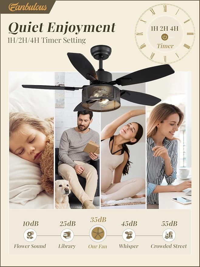 Fanbulous Farmhouse Ceiling Fans with Lights and Remote, 42 Inch Industrial Black Caged Ceiling Fans for Living Room Bedroom Kitchen, 6 Speed Reversible Quiet DC Motor, Dual Finish 5 Blades