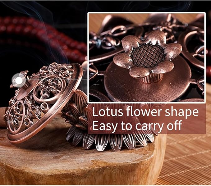 Lotus Incense Vintage Tibetan Copper Buddha Backflow Cone Holder Charcoal Burning Bowl Home Indoor Decor（2.75 x 1.97inch ）