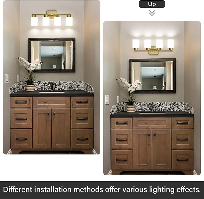 FonmYim Brushed Gold Bathroom Light Fixtures, 4-Light Modern Vanity Light Over Mirror, Wall Sconces with Milky White Frosted Glass Shades, E26 Socket (Bulbs Not Included)