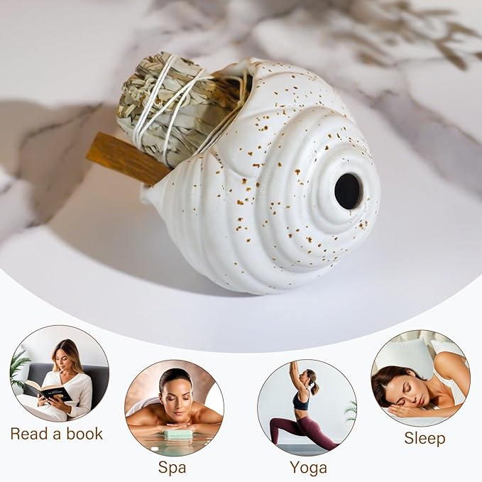 MOUGIGI Ceramic Conch Palo Santo Burner Holder - Mini Chiminea Incense Chimney, for Smudging Sage/Cones、Perfect for Meditation Altar & Witchcraft Supplies, Ideal Spiritual Decor & Gift for Zen Spaces