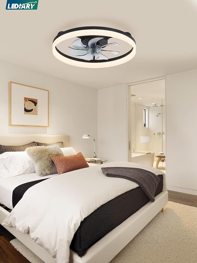 LEDIARY Ceiling Fans with Lights, 20 inch Low Profile Flush Mount Ceiling Fan, Dimmable LED, APP & Remote Control, Quiet Reversible DC Motor, 6 Speeds, Fandelier for Bedroom, Black