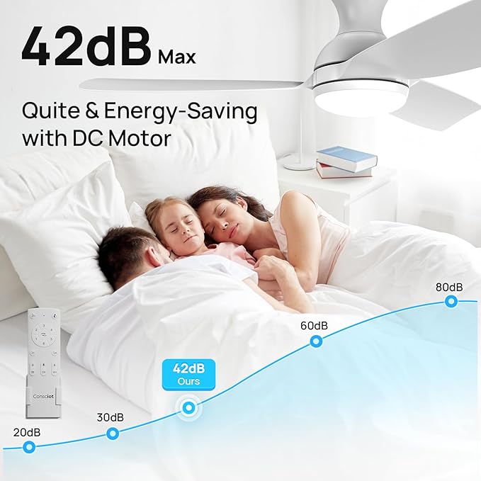 Consciot Ceiling Fan, 44 Inch Ceiling Fan With Lights Remote Control, White Low Profile Modern Flush Mount, Reversible Quiet DC Motor, 6 Speed, Dimmable, For Indoor and Covered Outdoor