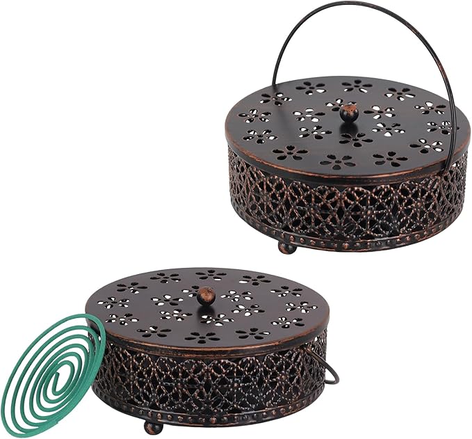 Portable Mosquito Coil Holder, hogardeck 6.3" Round Fireproof Metal Mosquito Incense Holder with Handle, Retro Hollow Incense Burner Yard Art for Garden, Lawn, Patio (Bronze, 2 Pack)