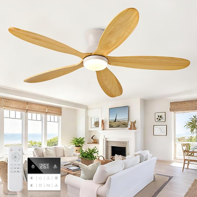 52 Inch Flush Mount Ceiling Fans with Lights, Remote, Dimmable, Power-Off Memory, Quiet DC Motor,5 Blades Wood Ceiling Fan with Light, Low Profile Outdoor/Indoor Hugger Ceiling Fan for Patio