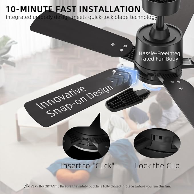 52 Inch Ceiling Fans with Lights, Large Ceiling fan with Light and Remote/APP Control, Quick Installation, 3CCT, Dimmable, Noiseless Reversible Motor, 5 Blades Black Ceiling Fan for Outdoor Indoor