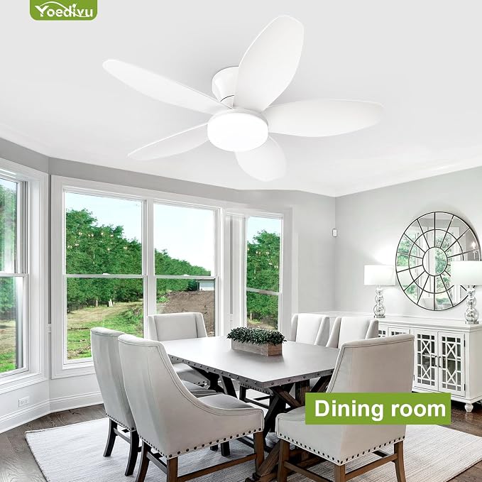 Small Ceiling Fans, 35 Inch Low Profile Ceiling Fan White Flush Mount Ceiling Fans with Lights and Remote,with 5 Reversible Blades 6 Wind Speeds, Modern Ceiling Fan for Bedroom Kitchen