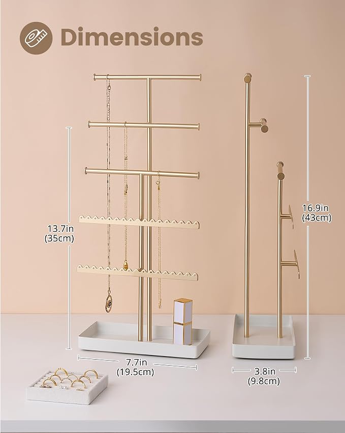 Lolalet 5-Tier Jewelry Organizer Stand, Metal Jewellery Holder, Dresser Display Rack for Necklace Earring Bracelets Rings, Gift for Women Girls -Gold