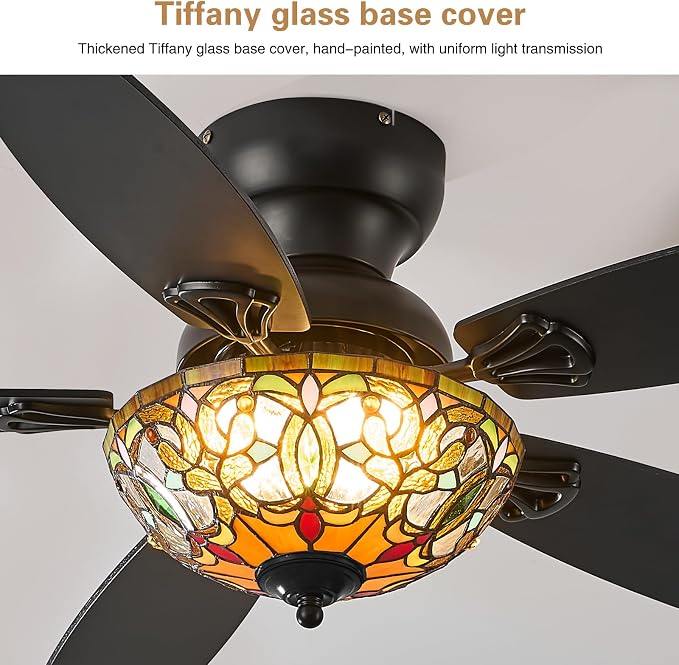 Tiffany Ceiling Fans with Lights - 48" Ceiling Fan Chandelier with 5 Dual-Blades and Glass Shade, 6 Speeds and Reversible, Indoor and Outdoor, Retro Style