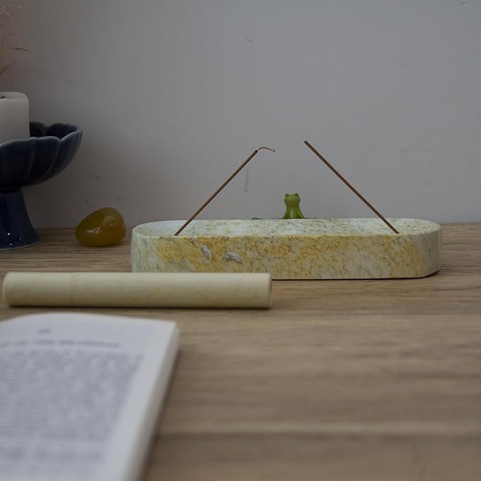 Marble-Patterned Concrete Incense Holder, with A Box of Jasmine Incense, 7.1 Inch Catches Falling Incense Ash, A Poetic and Artistic Gift for Yoga＆Meditation(GreenYellow)