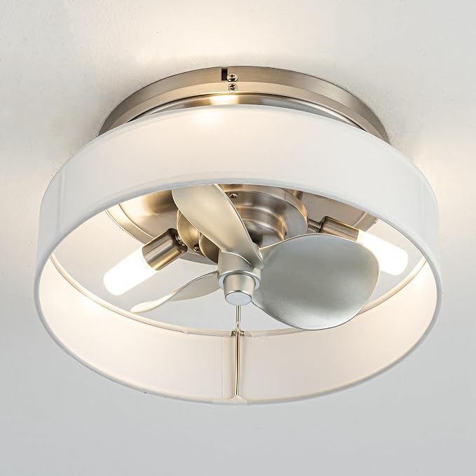 Low Profile Nickel Caged Ceiling Fan with Light and Remote, 12.6” Modern Flush Mount Ceiling Fan, DC Motor, Max 1350 RPM Silver Fandelier Ceiling Fans with G9 LED Light for Bedroom Kitche