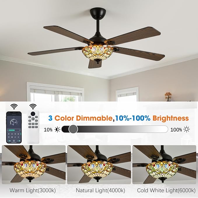 52" Tiffany Style Ceiling Fans with Lights, Vintage Chandelier Ceiling Fan with Stained Glass Shade, Dimmable LED, 6 Speeds Reversible for Bedroom (Gem Art)