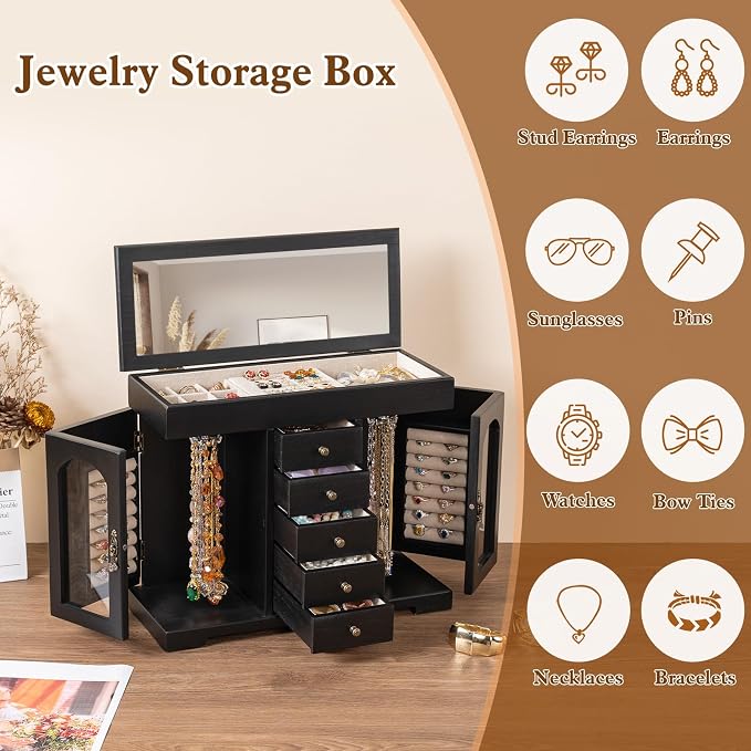 Miratino Jewelry Box for Women Girls, Wooden Jewelry Organizer Box with Mirror, 5 Layer Jewelry Storage Case Display for Necklaces Earrings Rings Bracelets Valentine's Day Gifts