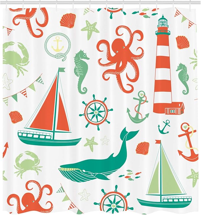 Ambesonne Nautical Shower Curtain, Pastel Colored Composition of Lighthouse Sailboat Fish Shells Octopus, Cloth Fabric Bathroom Decor Set with Hooks, 69" W x 84" L, Vermilion Teal