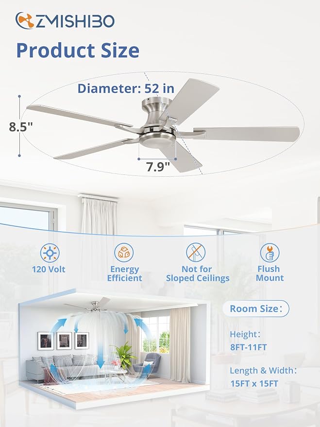 ZMISHIBO 52 Inch Ceiling Fan No Light, Flush Mount Low Profile, Modern Nickel Ceiling Fan Without Light, Remote Control & Quiet DC Motor, for Indoor&Outdoor, Bedroom, Living Room